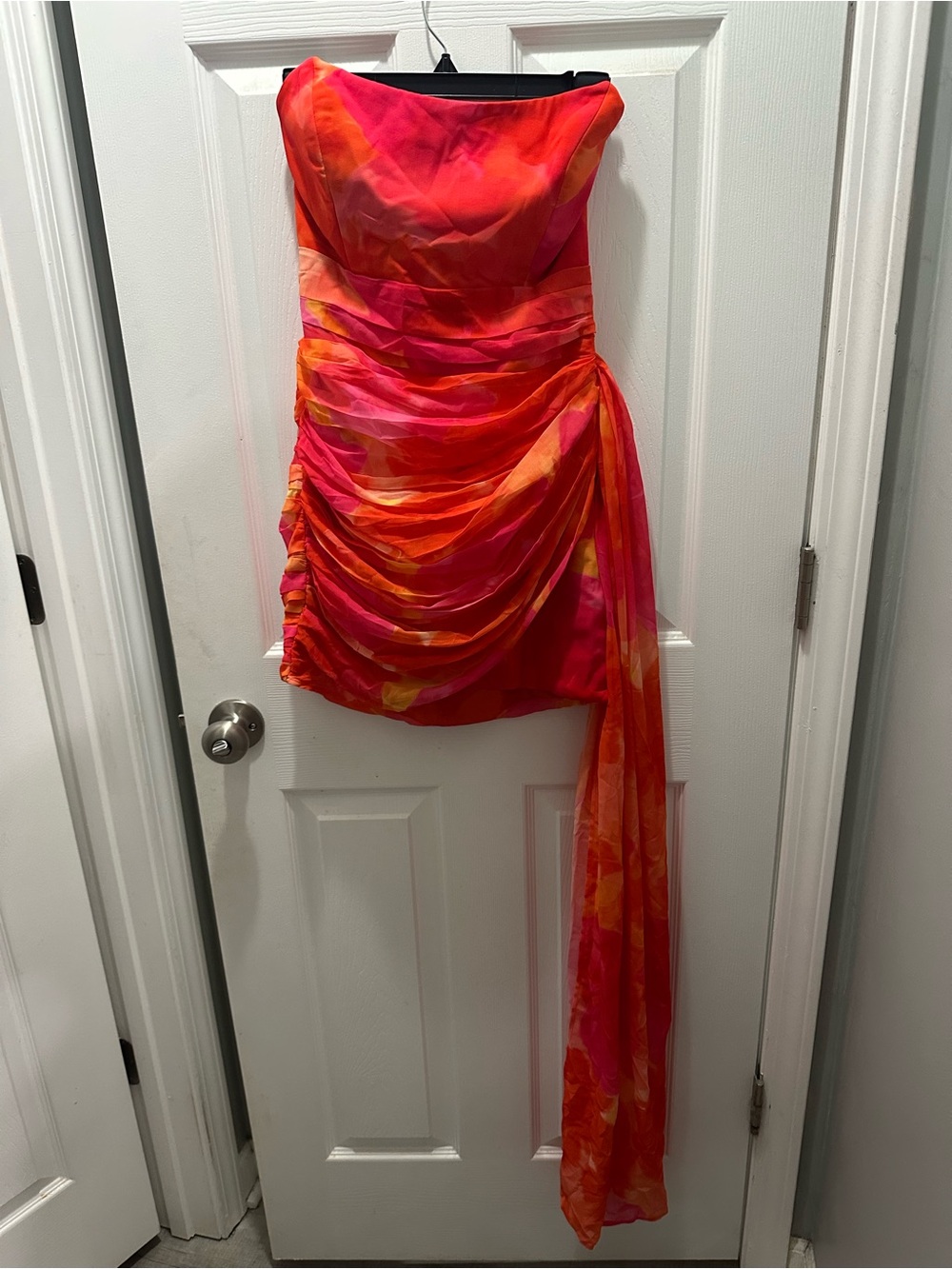 Strapless Mini Dress in Pink and Orange Watercolor Print